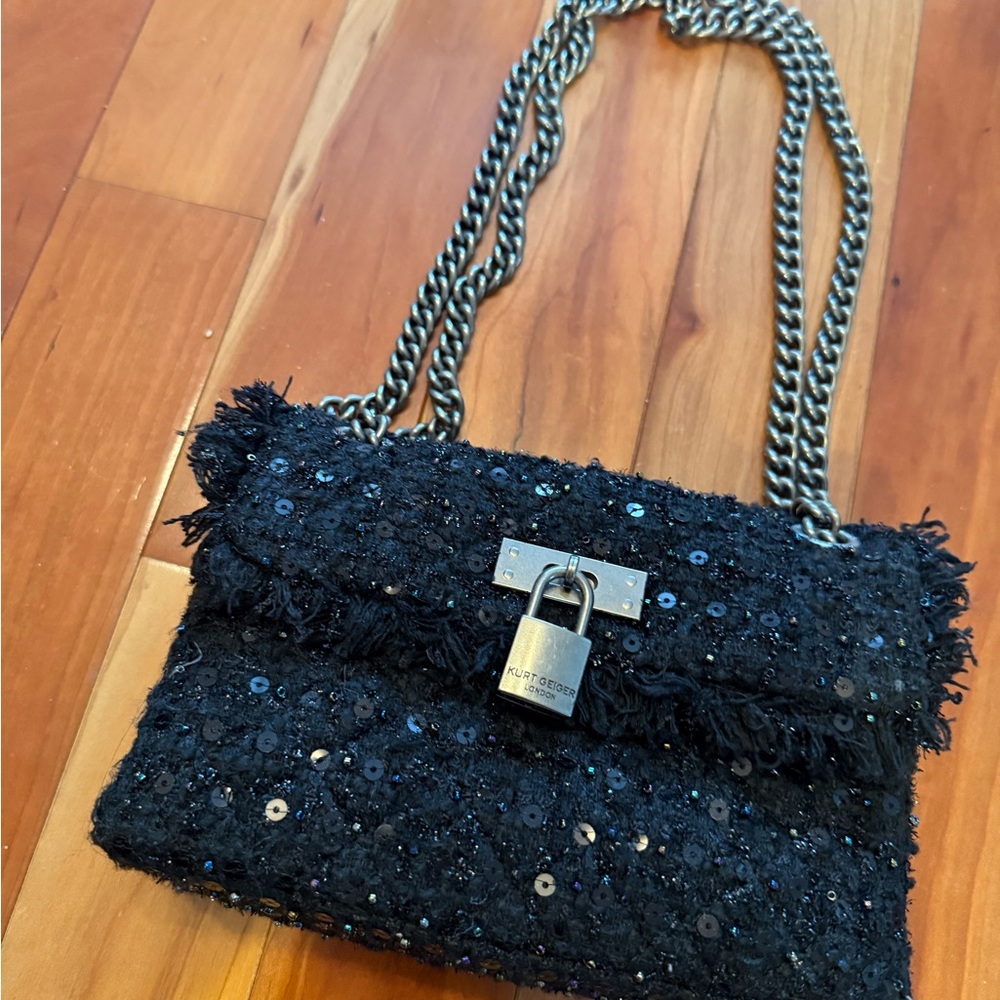 Kurt Geiger London Tweed Lock Fringe Sequins Flap Crossbody/Shoulder Bag - Picture 3 of 7